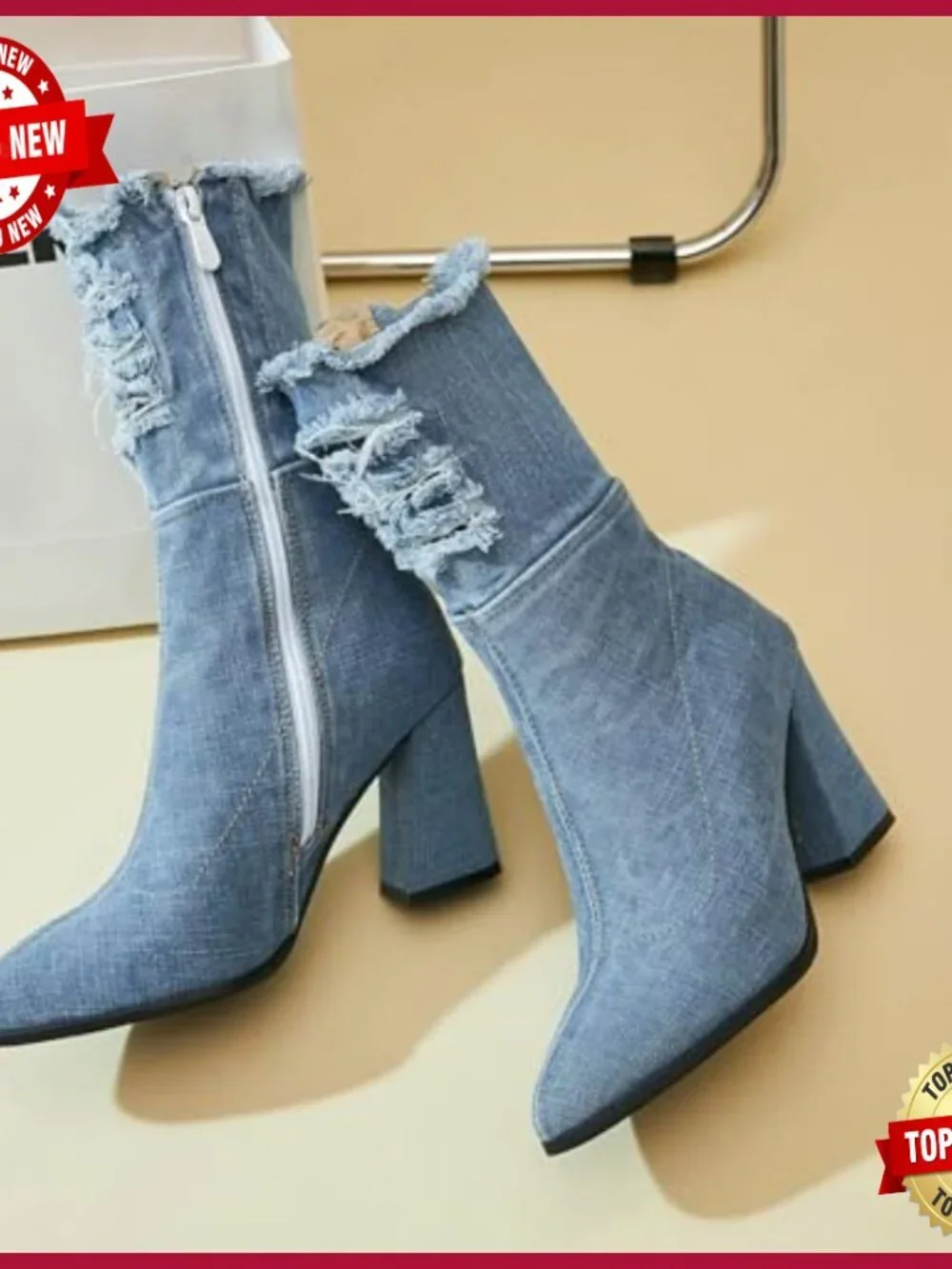 Women's Denim Thigh High Boots Cutout Over The Knee Jean Boots